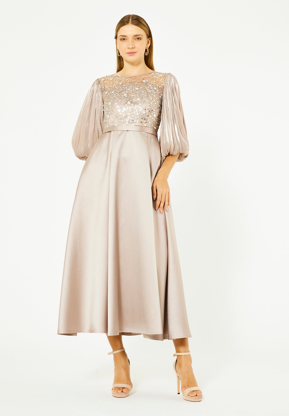 Embellished Satin Midi Dress with Pleated Organza Sleeves
