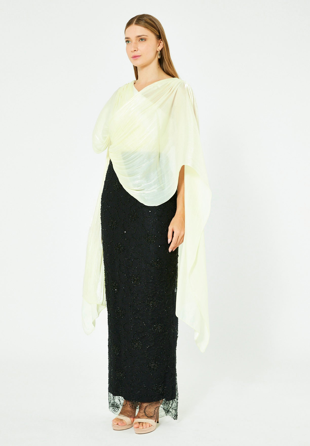 Draped Cape Overlay Gown with Beaded Lace Skirt
