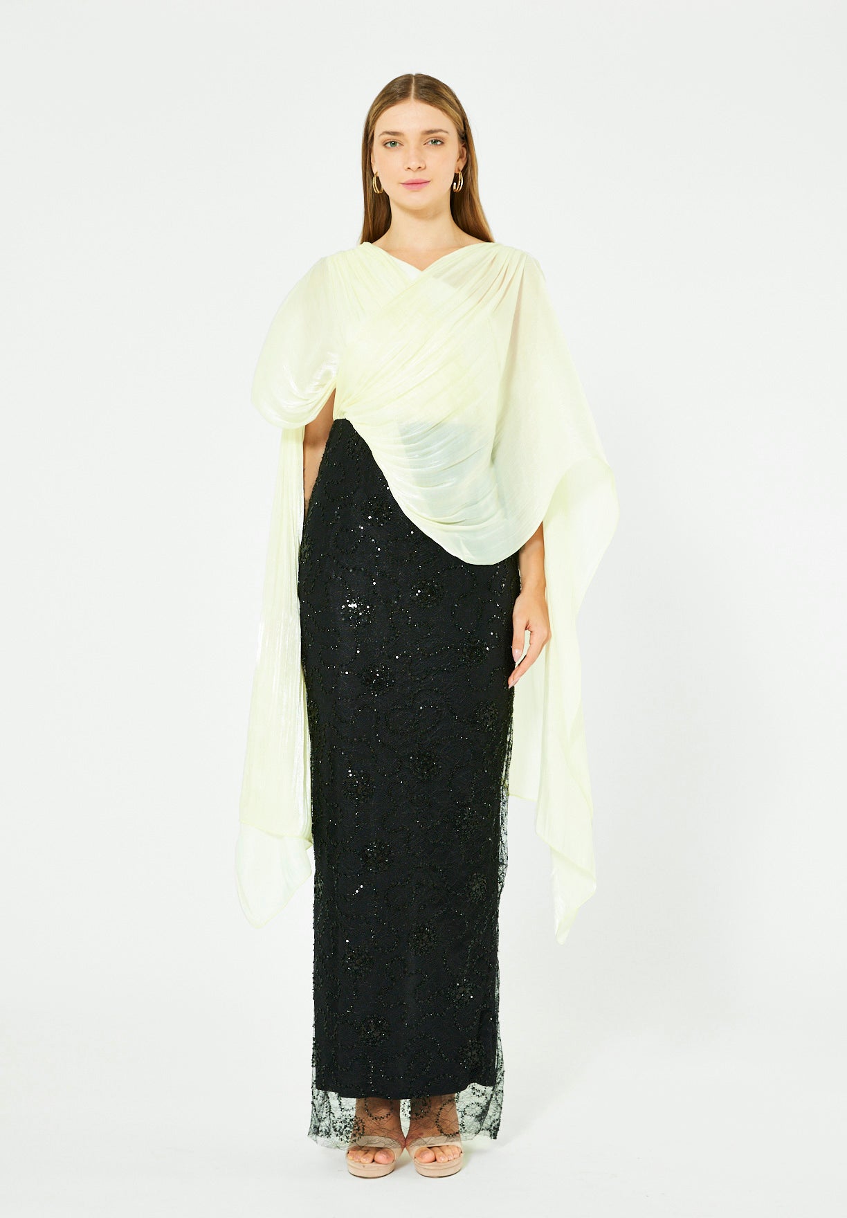 Draped Cape Overlay Gown with Beaded Lace Skirt