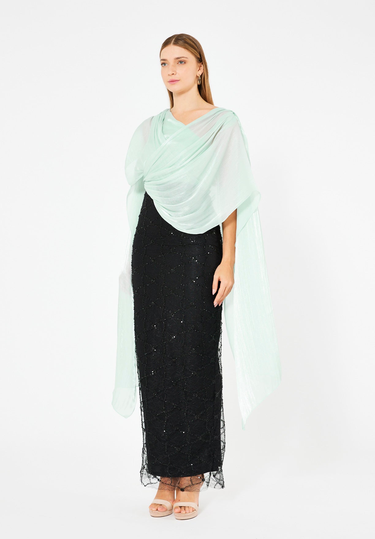 Draped Cape Overlay Gown with Beaded Lace Skirt