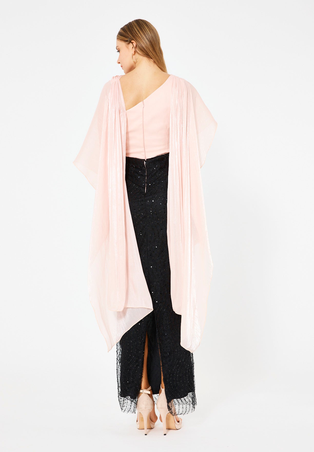 Draped Cape Overlay Gown with Beaded Lace Skirt