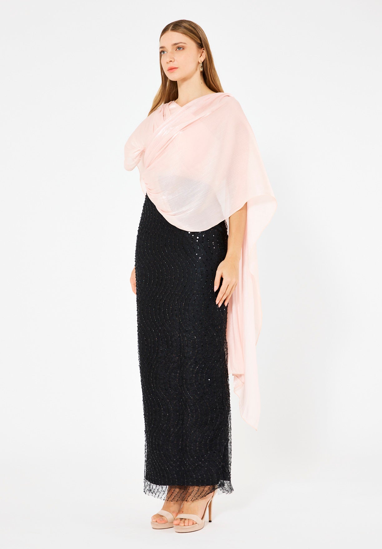 Draped Cape Overlay Gown with Beaded Lace Skirt