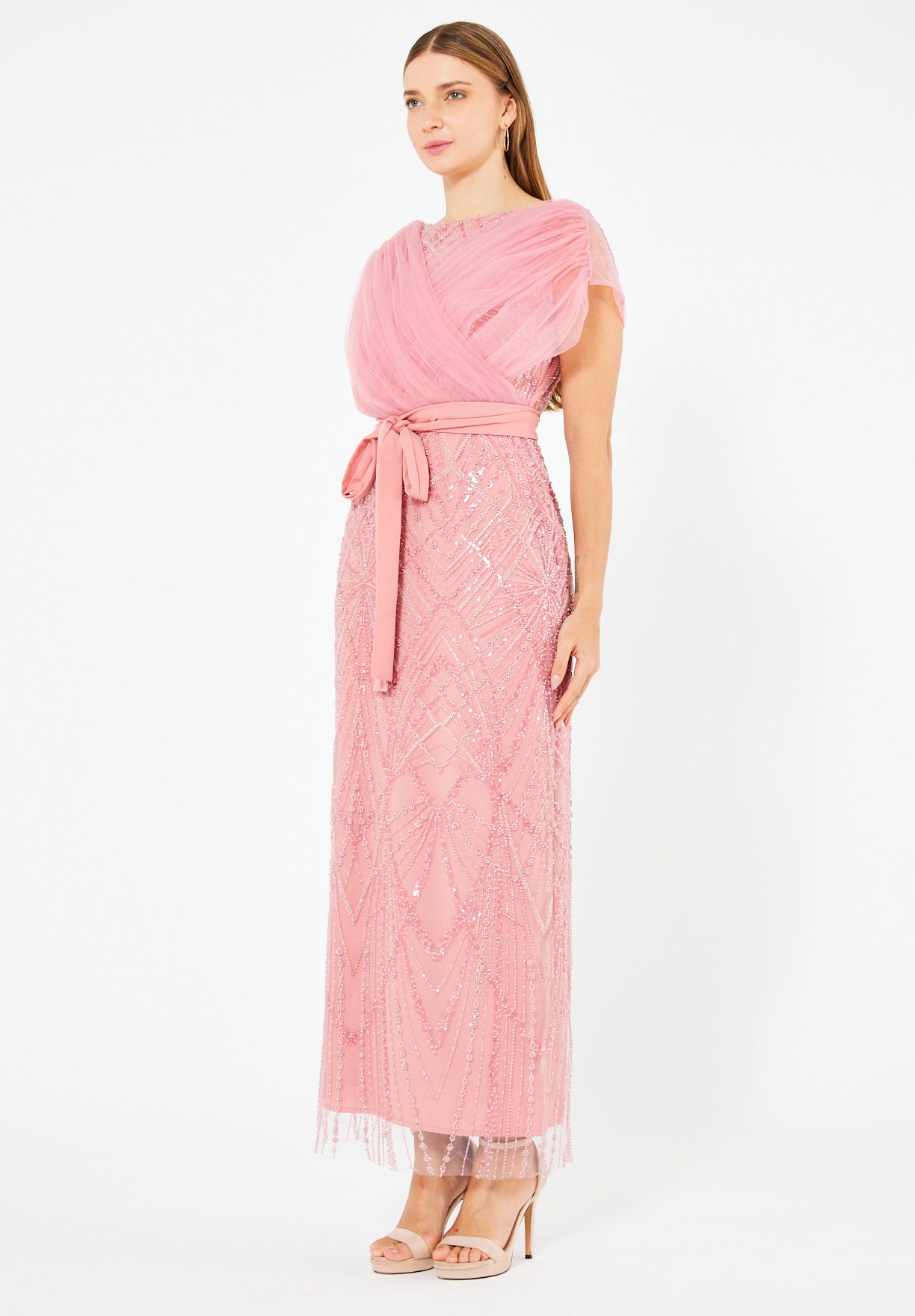 Tulle-Draped Embellished Column Gown