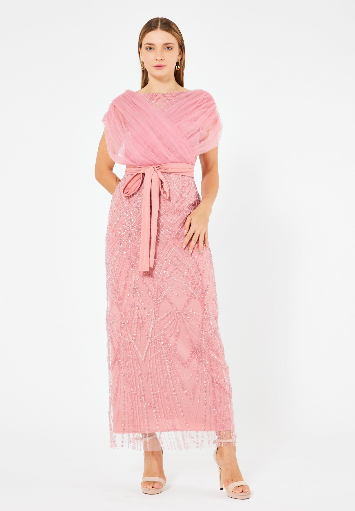 Tulle-Draped Embellished Column Gown