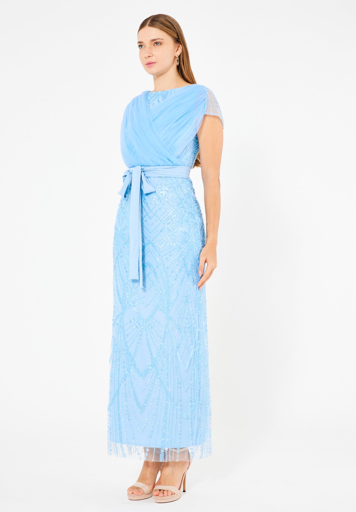 Tulle-Draped Embellished Column Gown