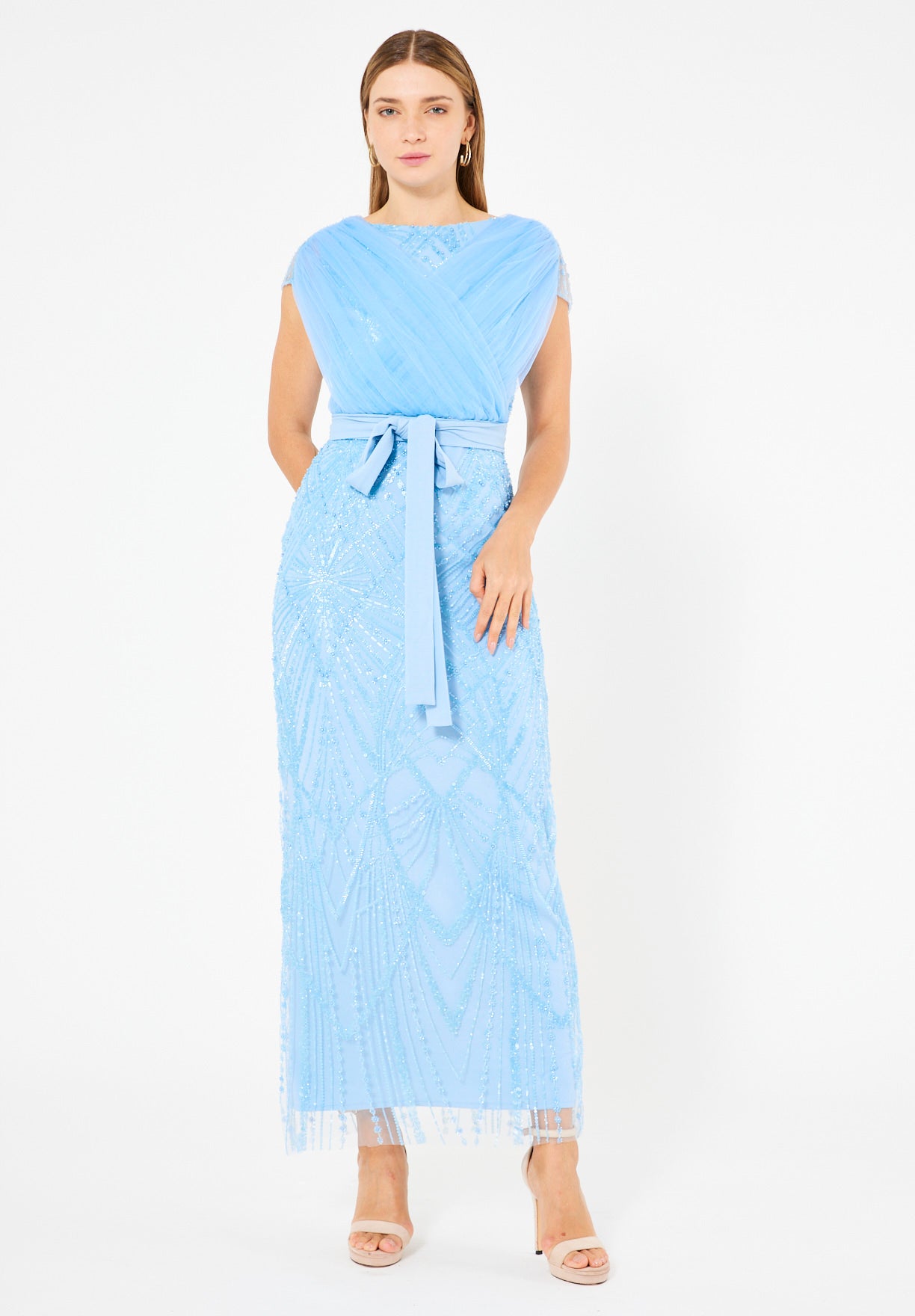 Tulle-Draped Embellished Column Gown