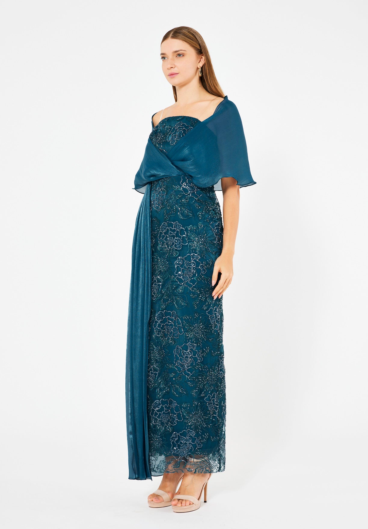 Off-Shoulder Draped Floral Embellished Gown