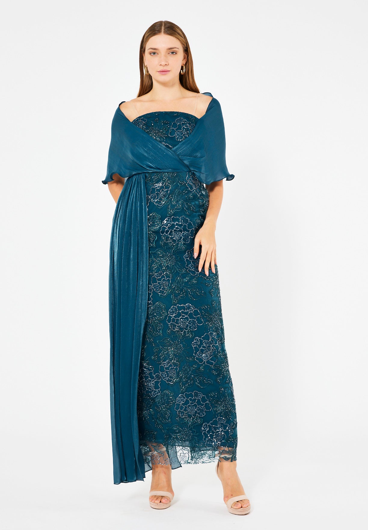 Off-Shoulder Draped Floral Embellished Gown
