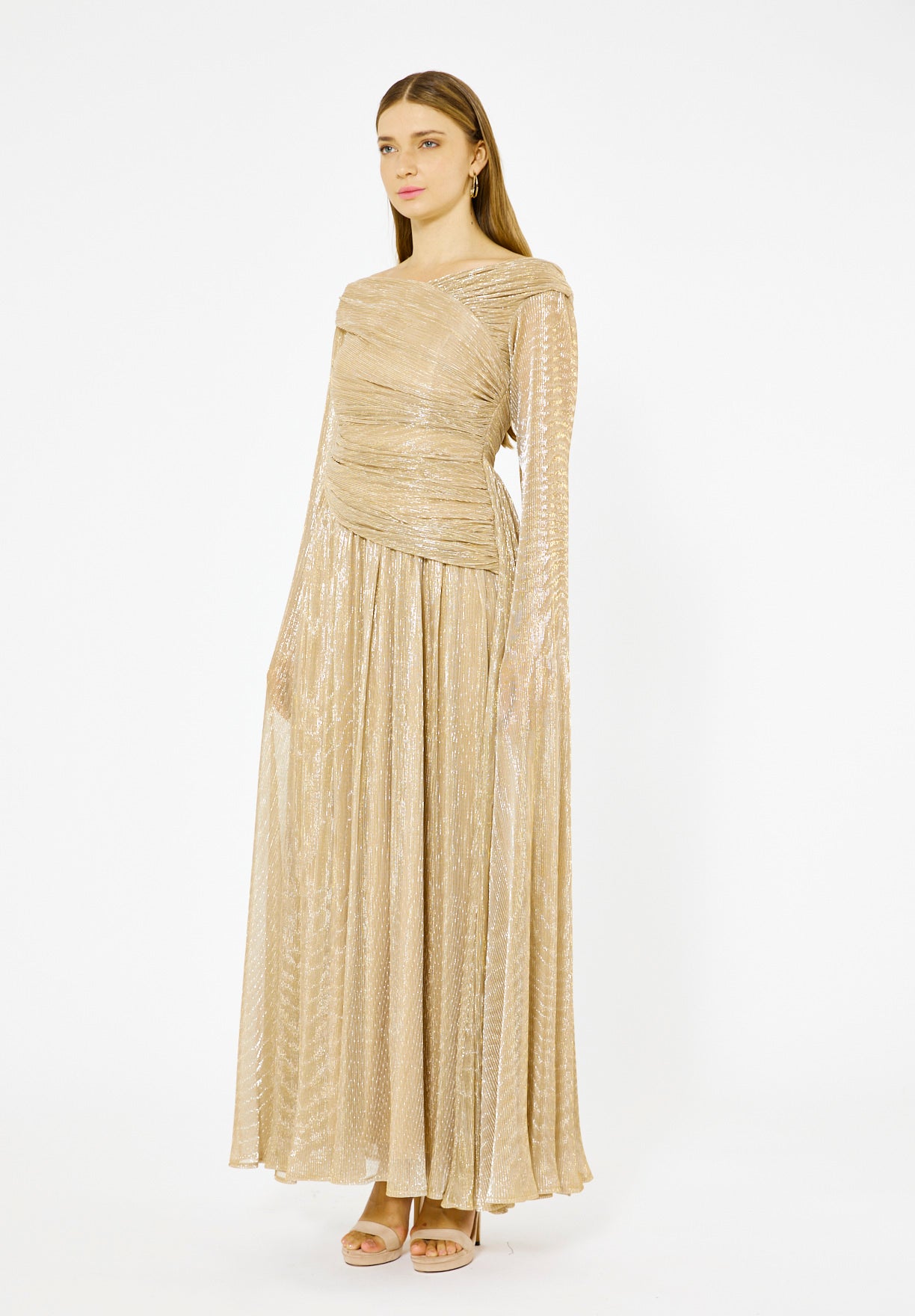 Draped Shimmer Gown with Flowing Sleeves