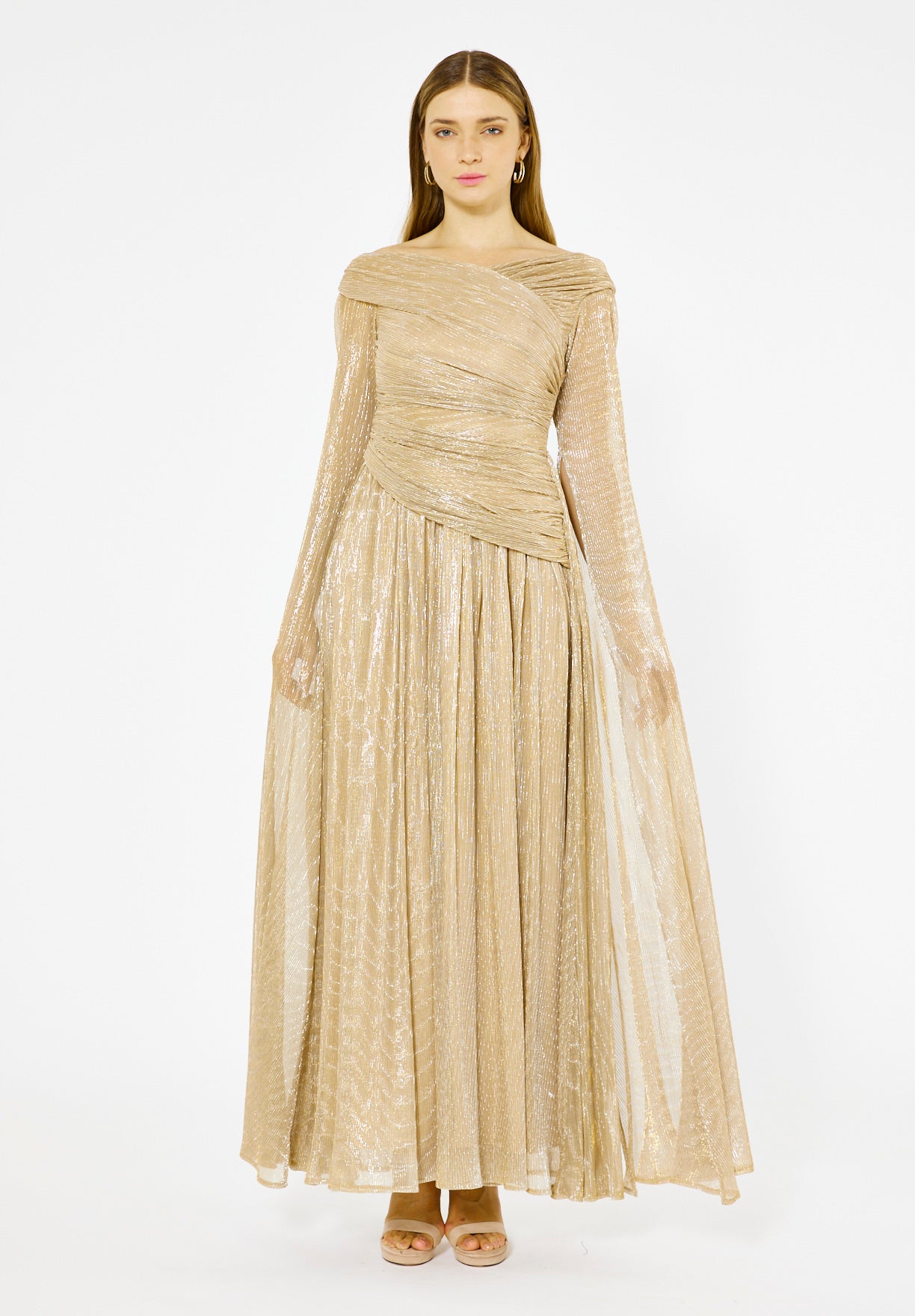 Draped Shimmer Gown with Flowing Sleeves
