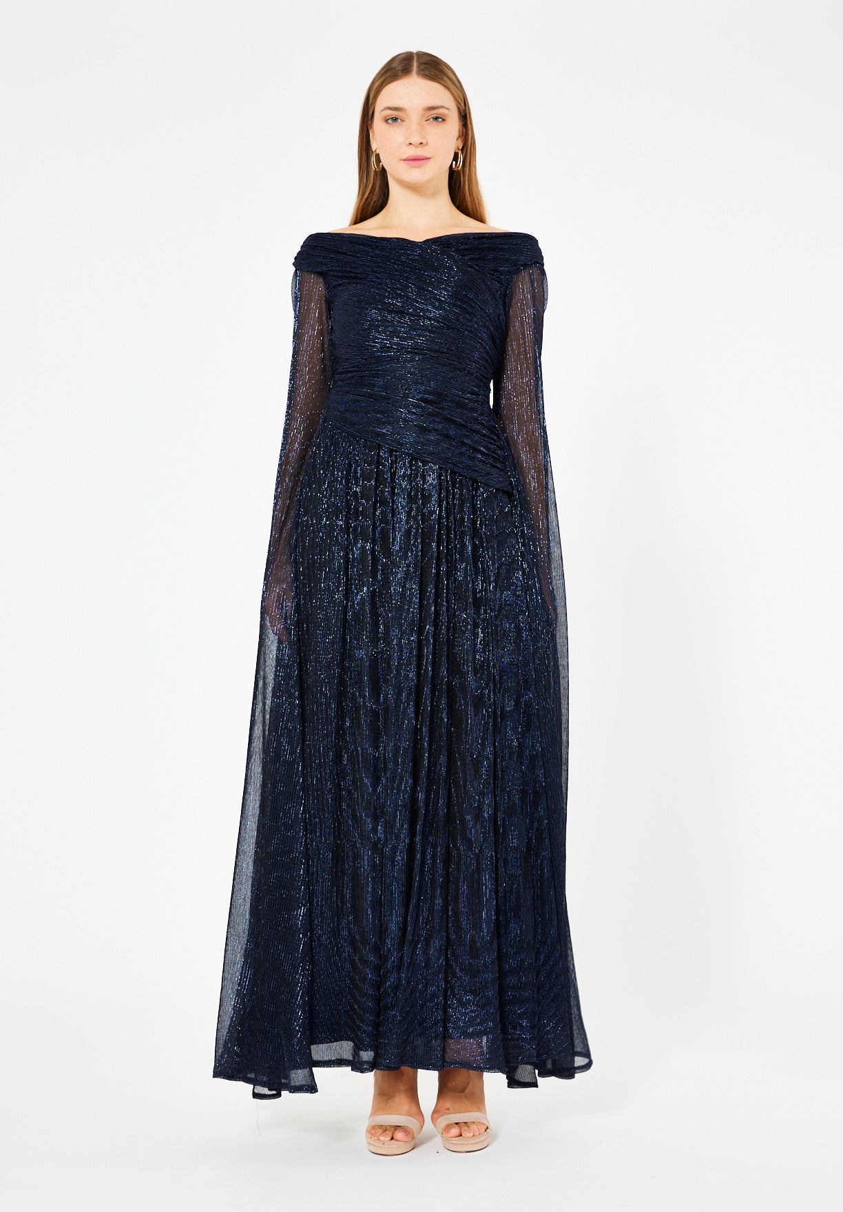 Draped Shimmer Gown with Flowing Sleeves