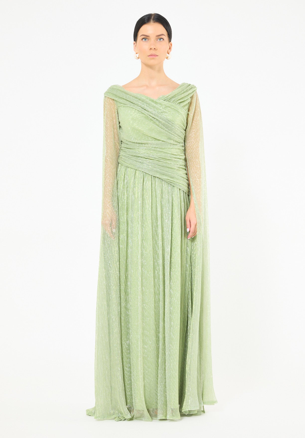 Draped Shimmer Gown with Flowing Sleeves
