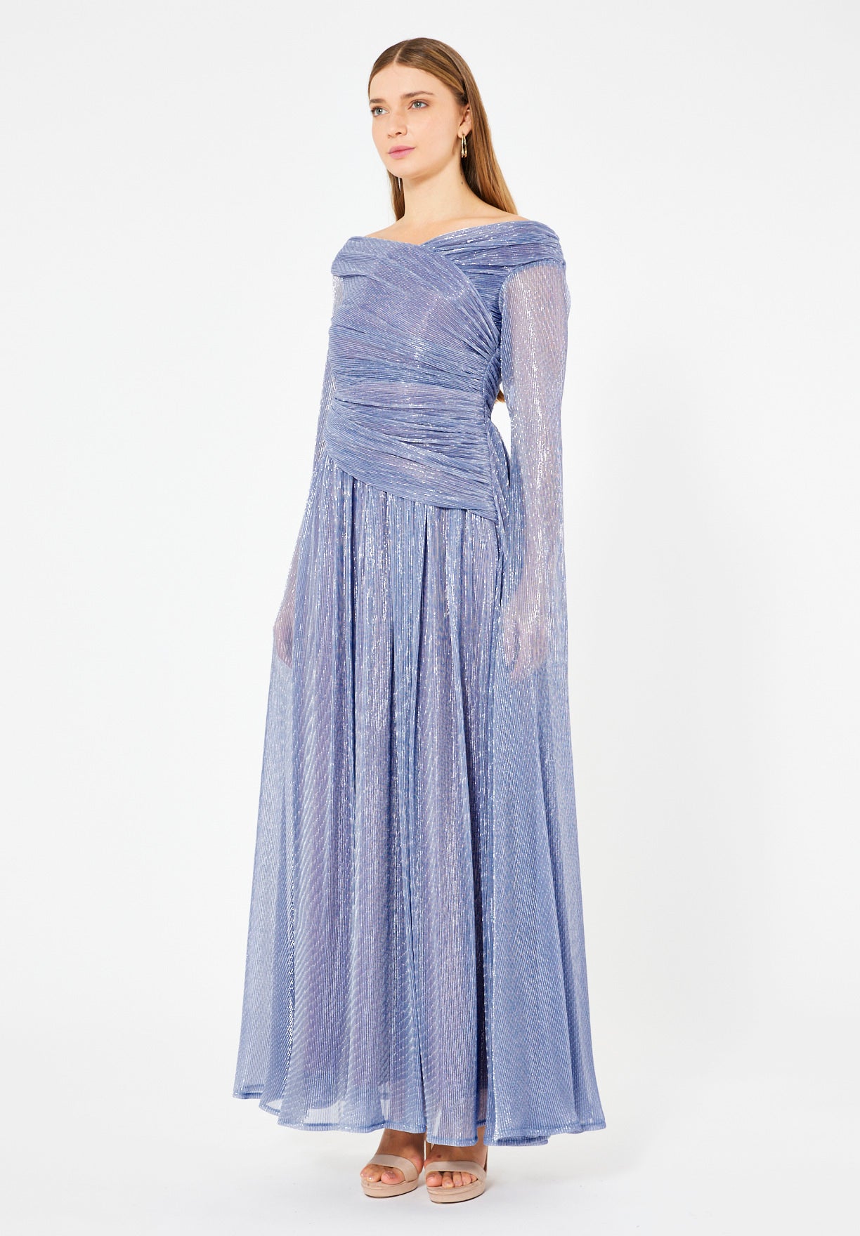 Draped Shimmer Gown with Flowing Sleeves