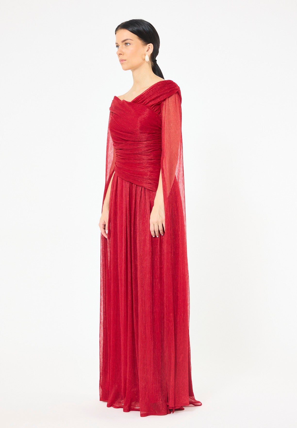 Draped Shimmer Gown with Flowing Sleeves