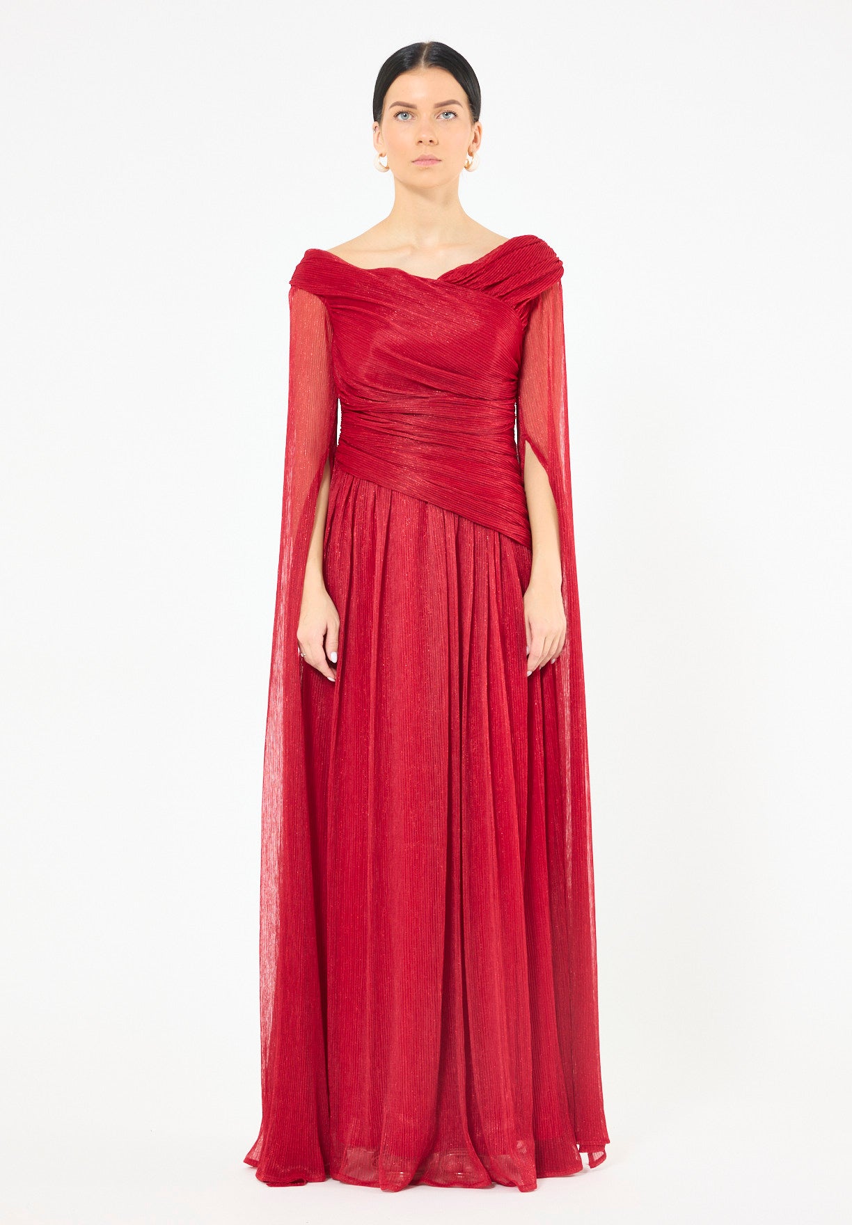 Draped Shimmer Gown with Flowing Sleeves