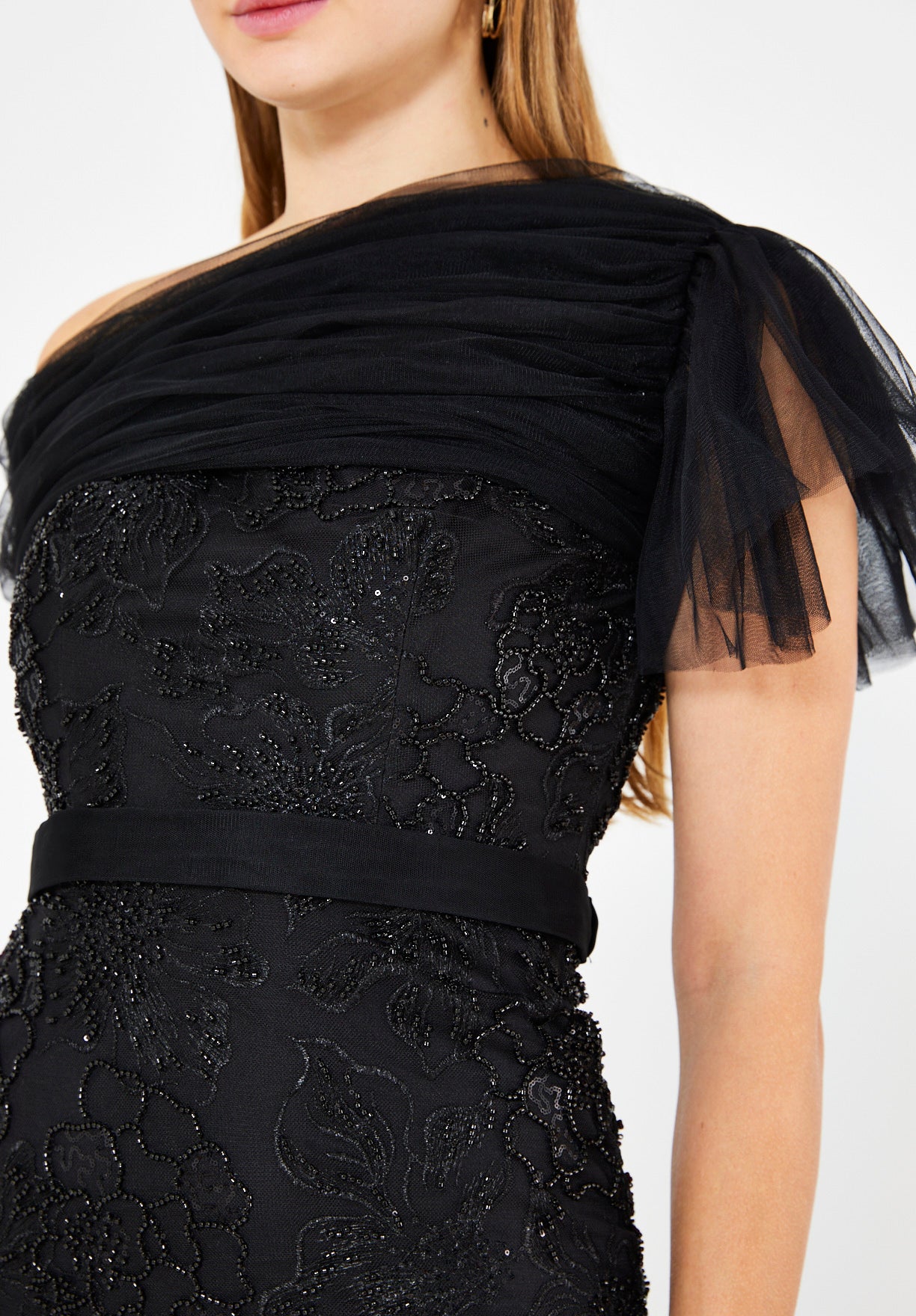One-Shoulder Floral Sequin Gown with Ruffle Sleeve Detail