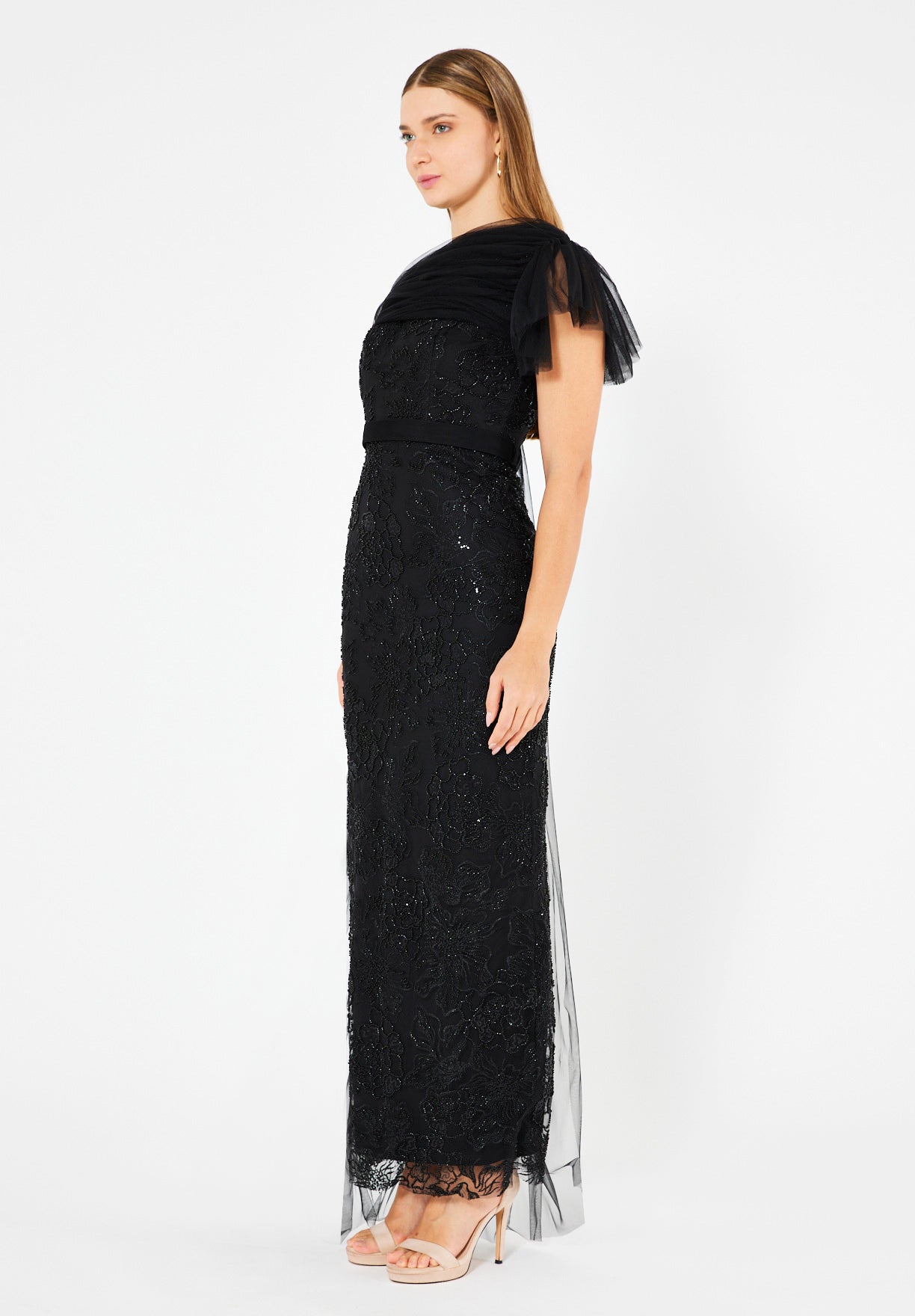 One-Shoulder Floral Sequin Gown with Ruffle Sleeve Detail