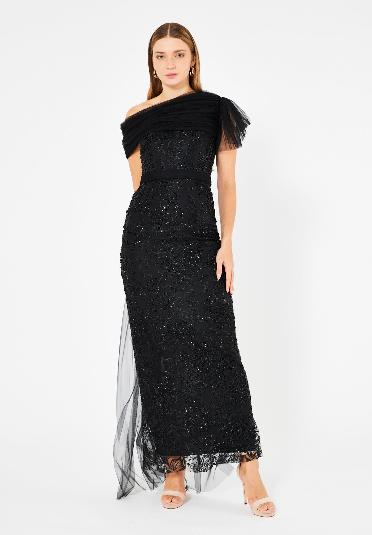 One-Shoulder Floral Sequin Gown with Ruffle Sleeve Detail
