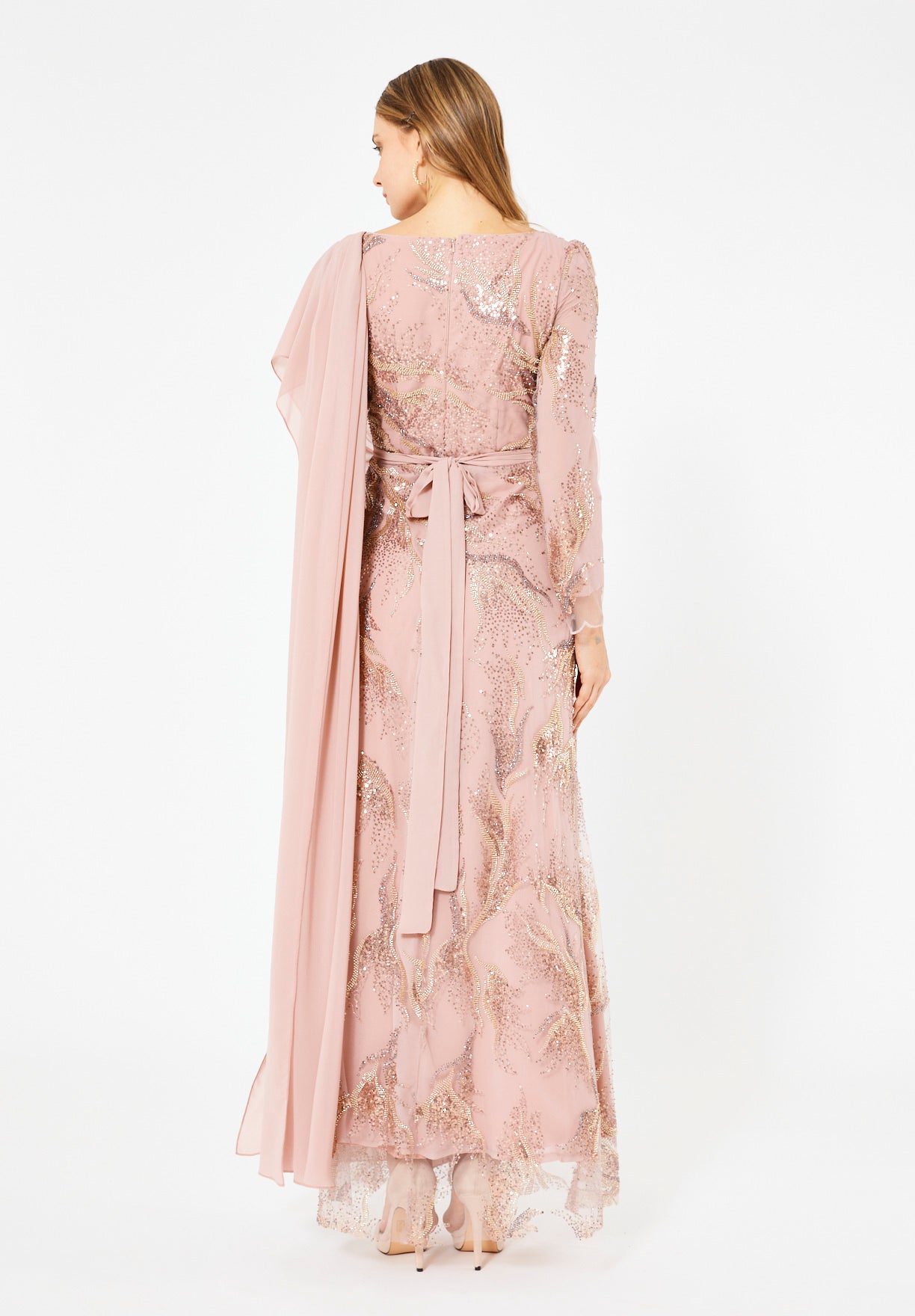 Embellished Gown with Draped Shoulder Detail