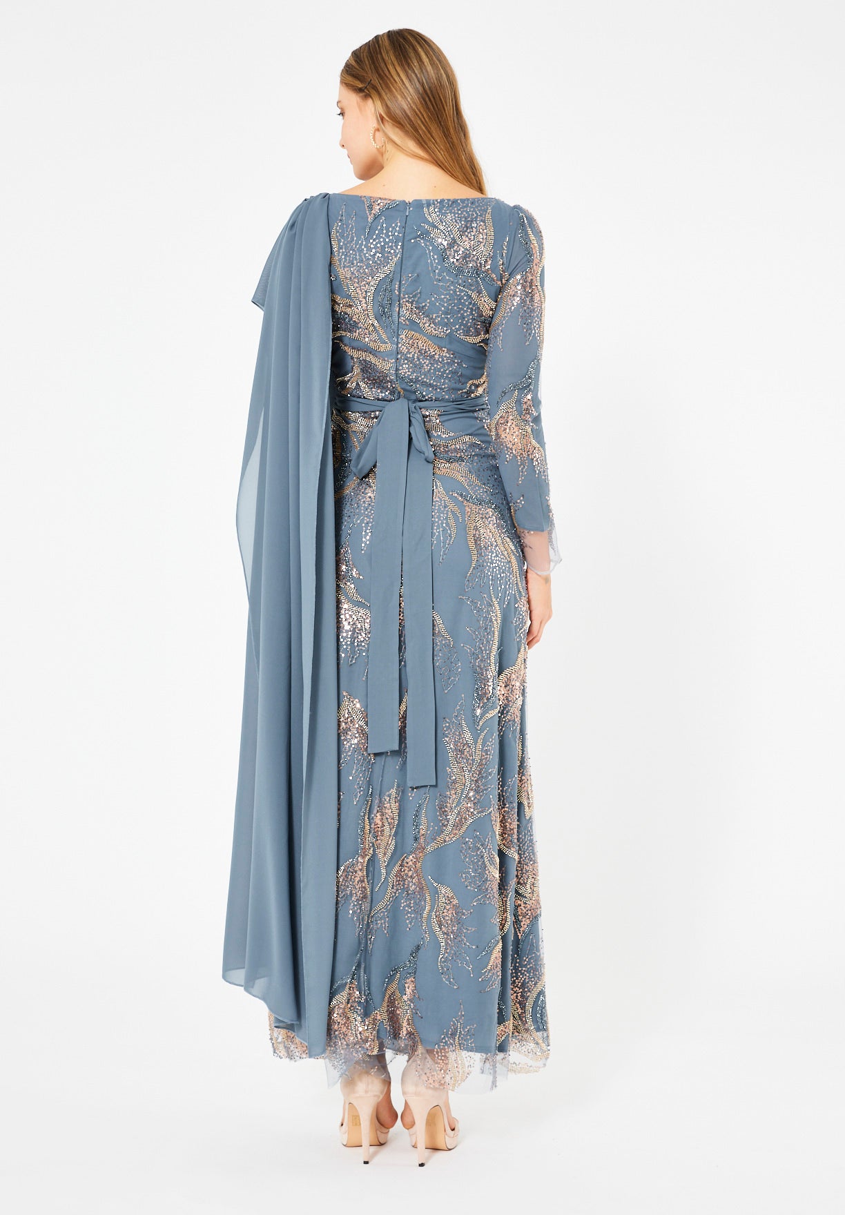 Embellished Gown with Draped Shoulder Detail