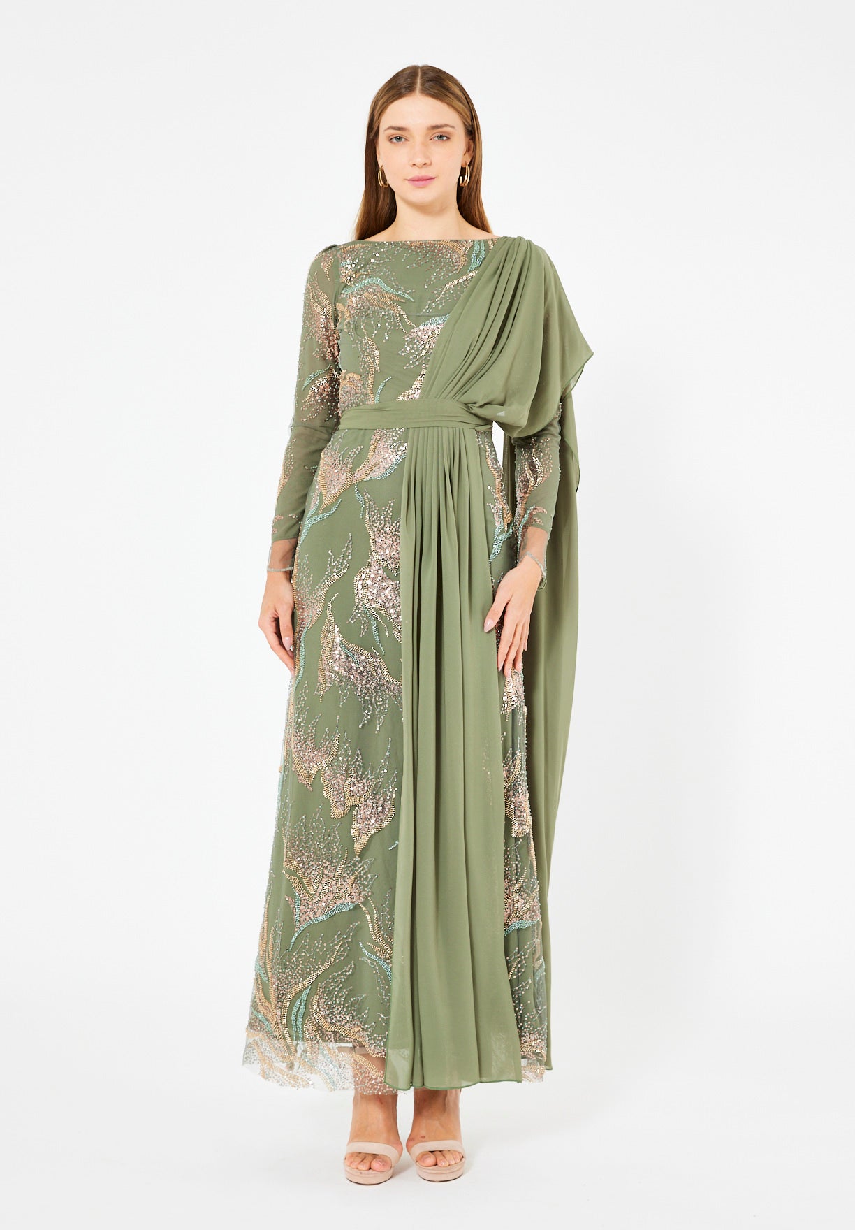 Embellished Gown with Draped Shoulder Detail