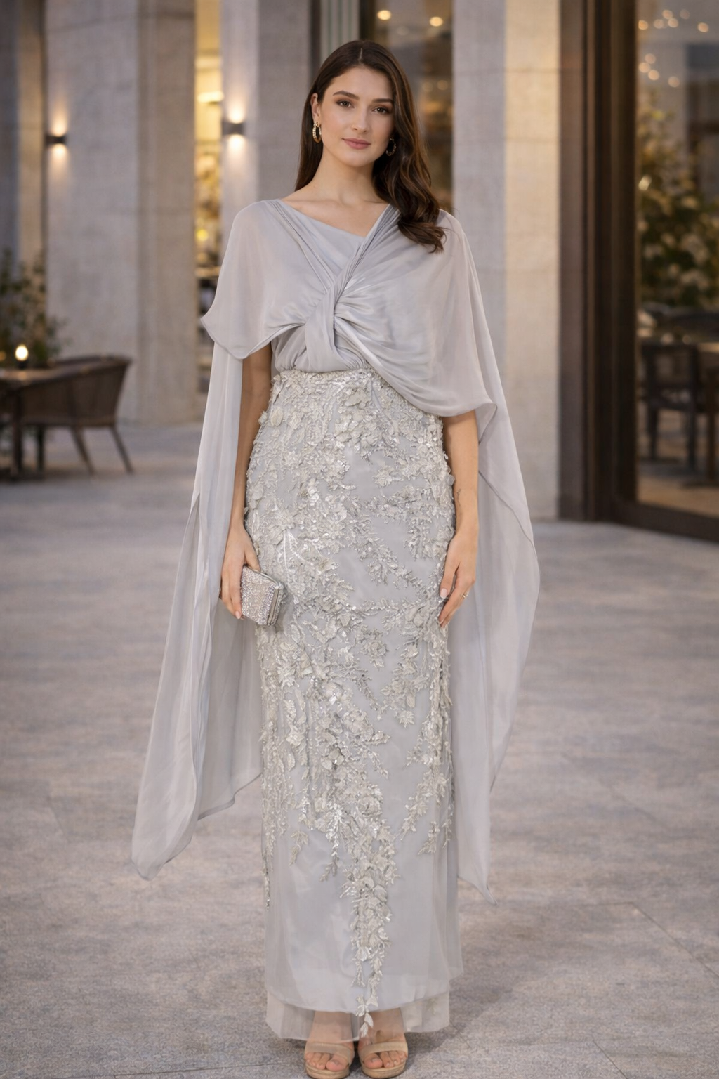 Embellished Gown with Draped Cape Overlay