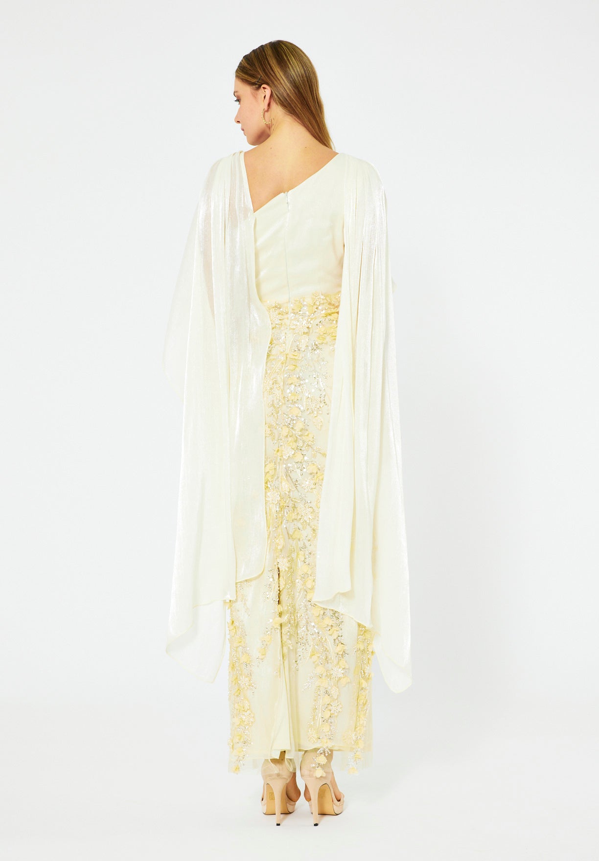 Embellished Gown with Draped Cape Overlay