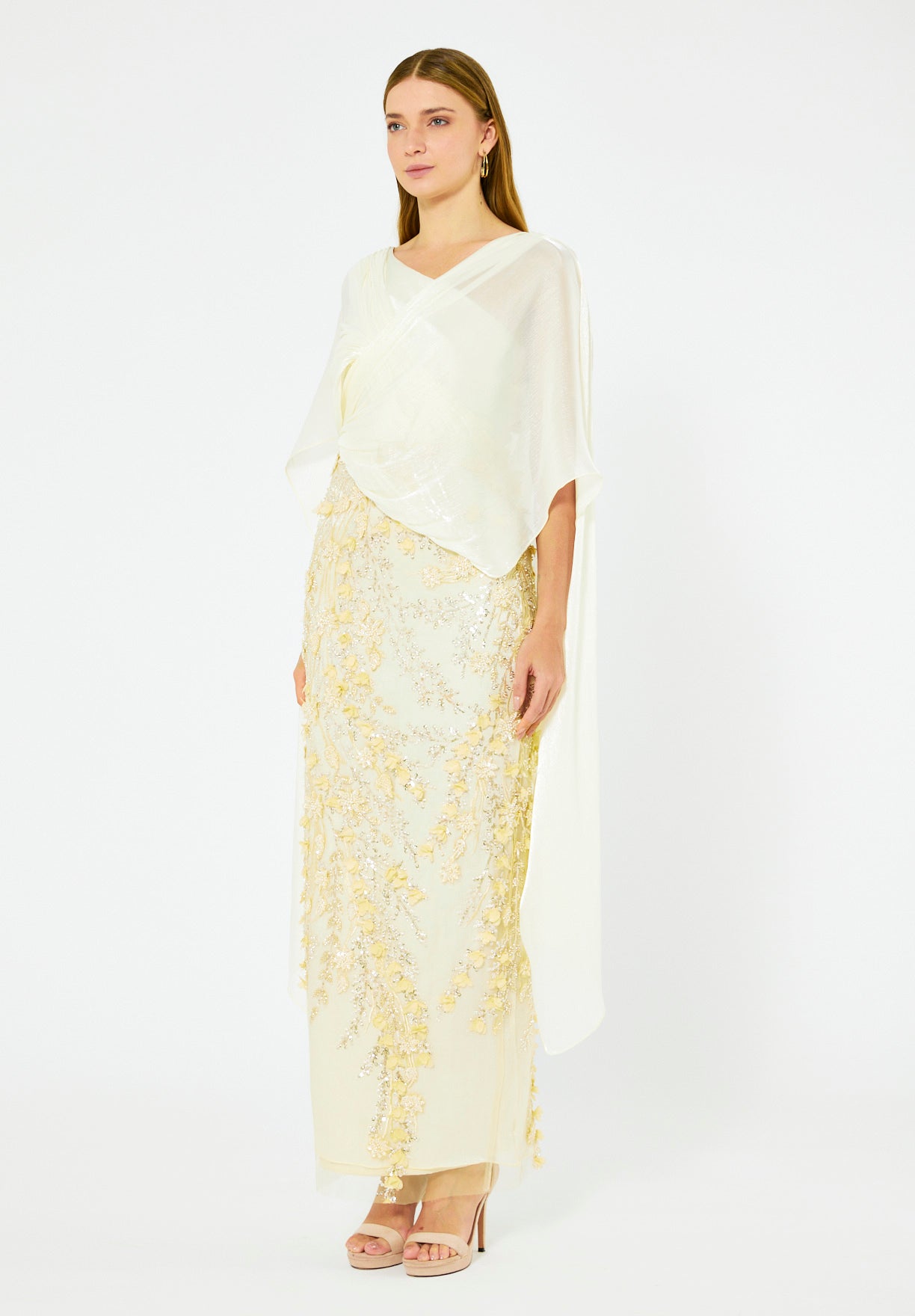 Embellished Gown with Draped Cape Overlay