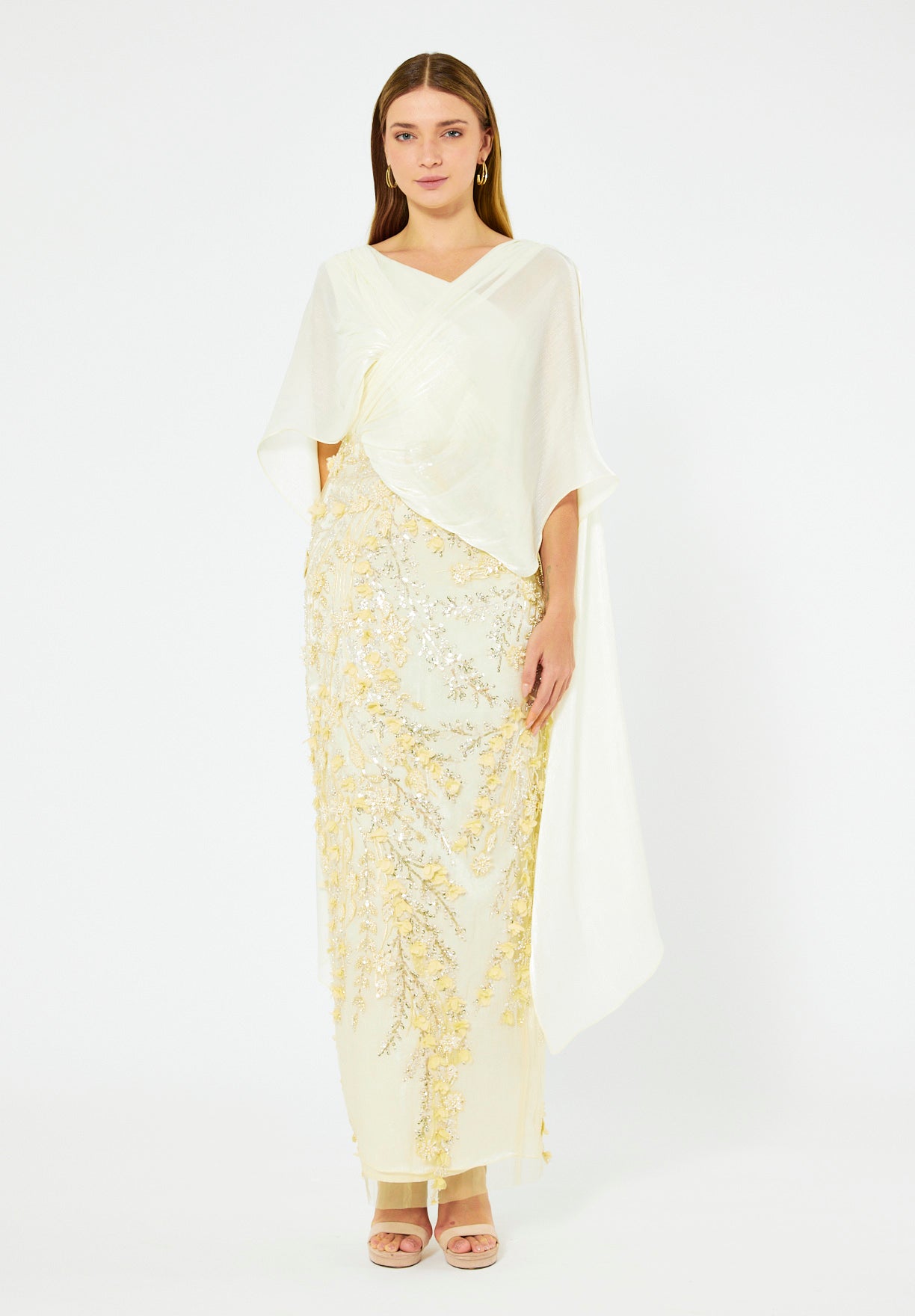 Embellished Gown with Draped Cape Overlay
