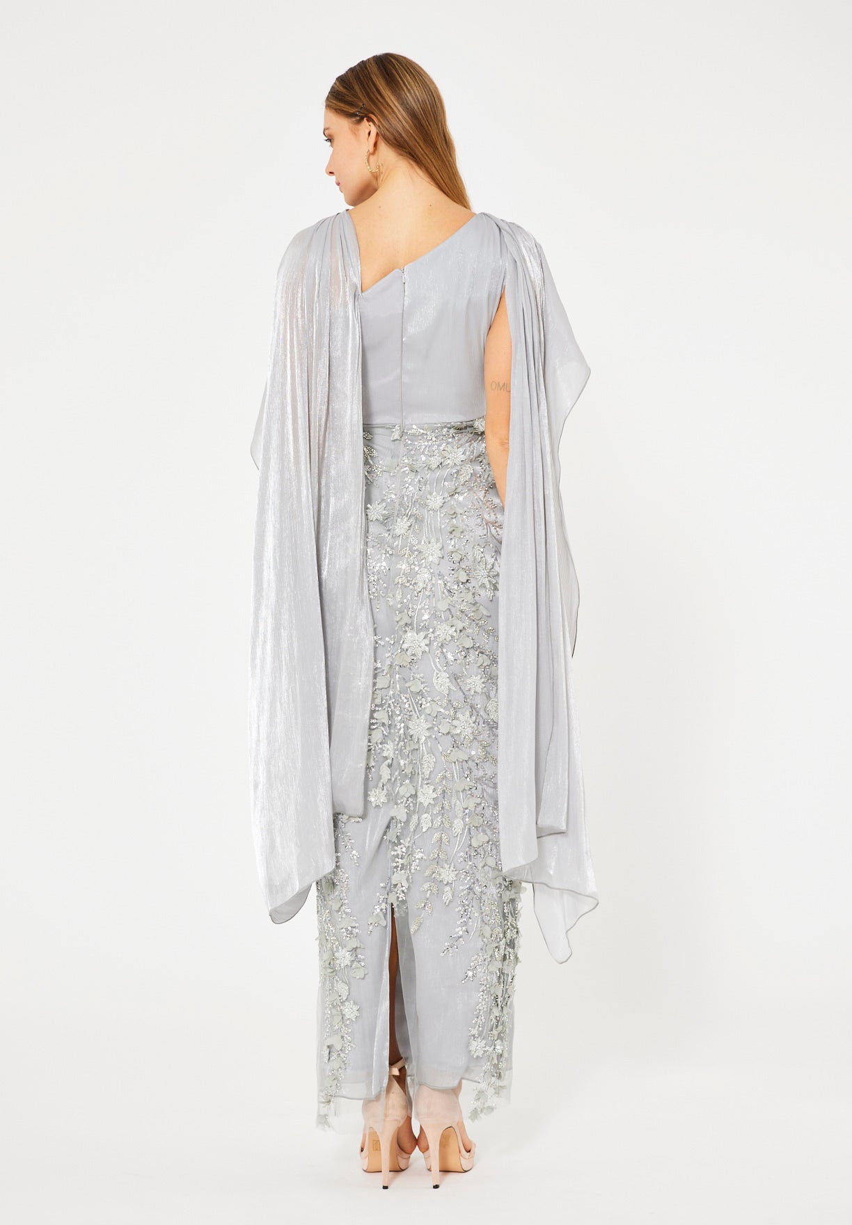 Embellished Gown with Draped Cape Overlay