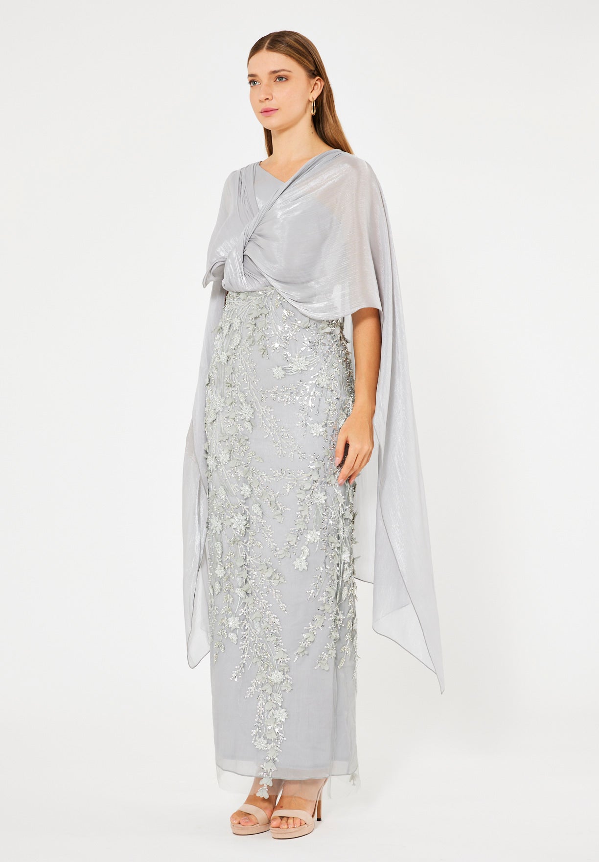 Embellished Gown with Draped Cape Overlay