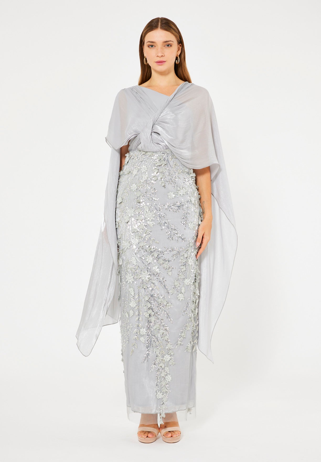 Embellished Gown with Draped Cape Overlay