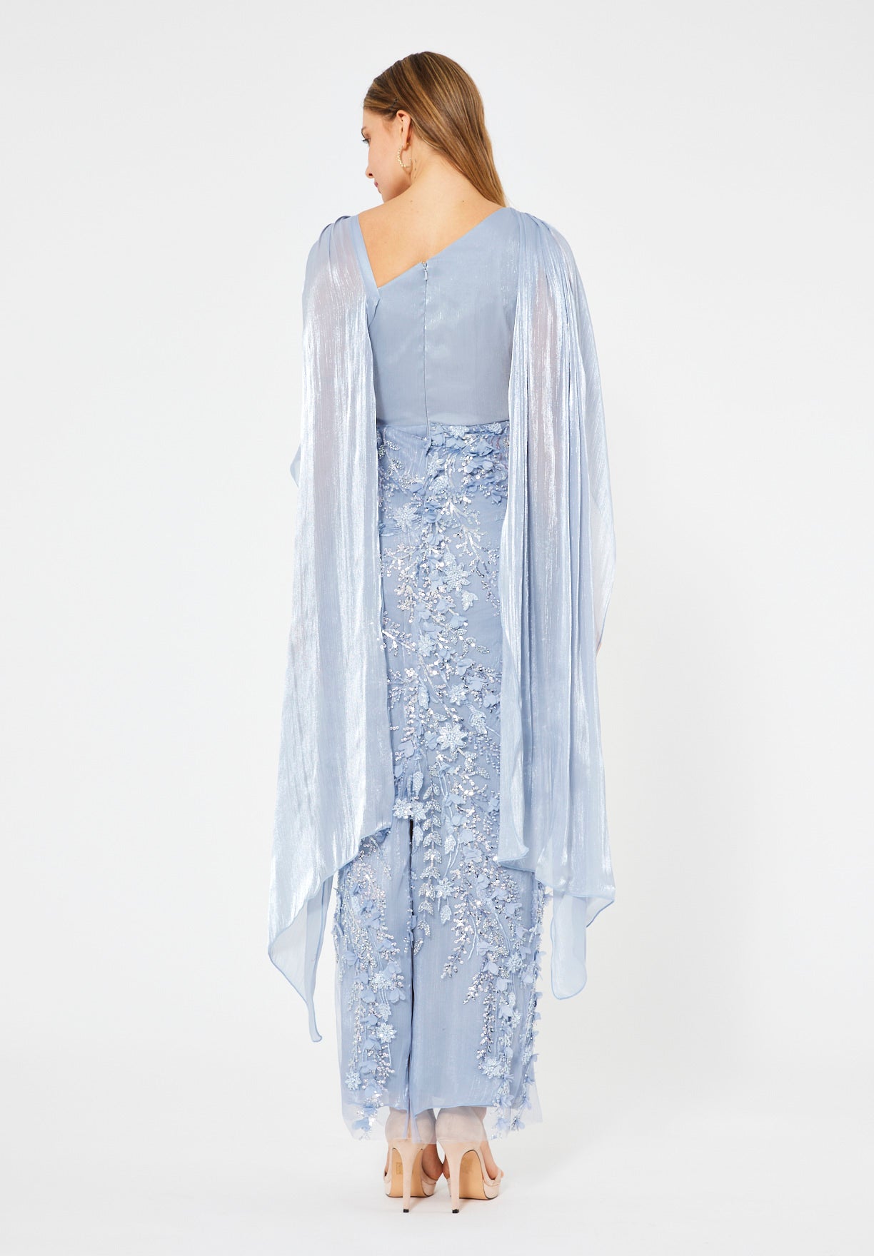 Embellished Gown with Draped Cape Overlay