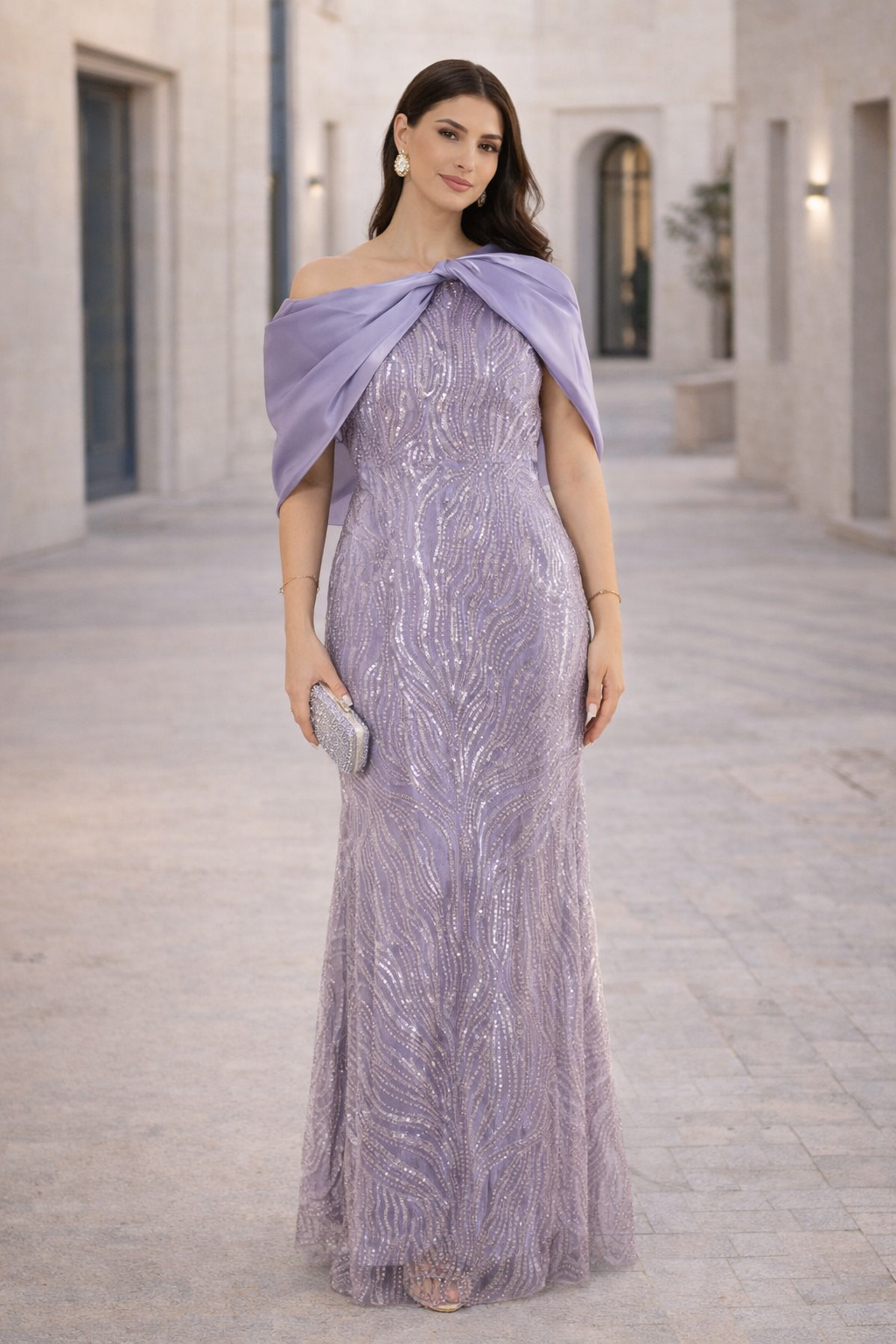 Sequin Embellished Gown with Organza Drape