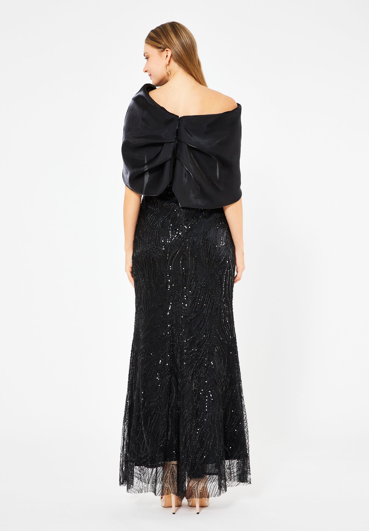 Sequin Embellished Gown with Organza Drape