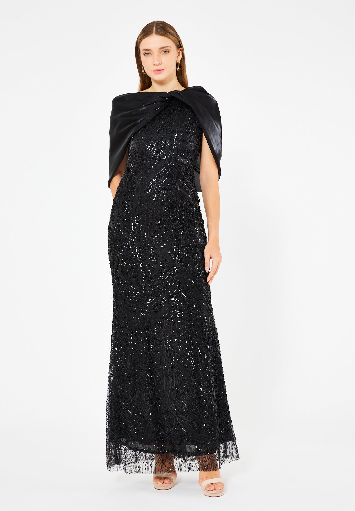 Sequin Embellished Gown with Organza Drape