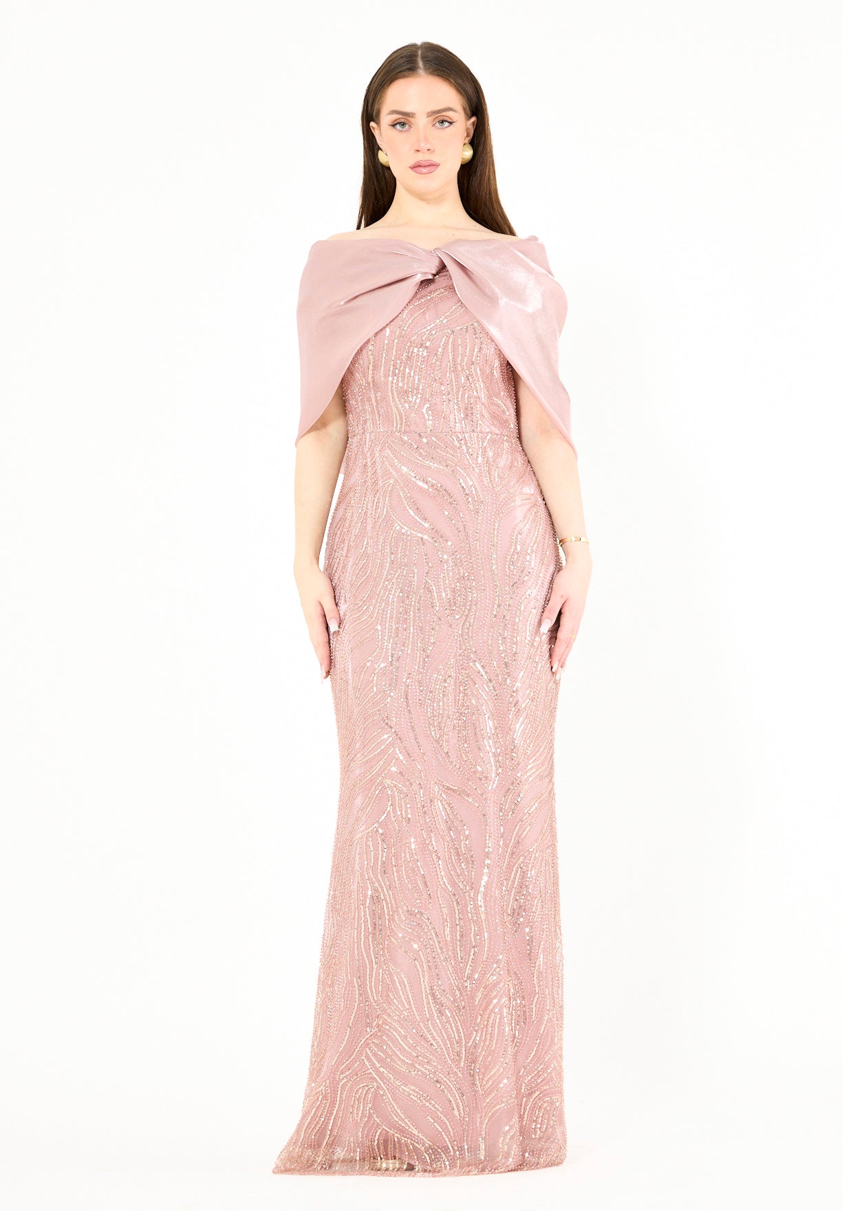 Sequin Embellished Gown with Organza Drape