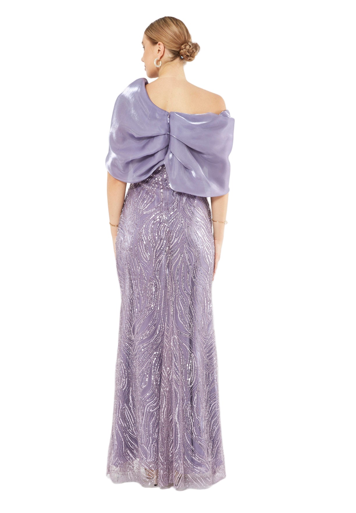 Sequin Embellished Gown with Organza Drape