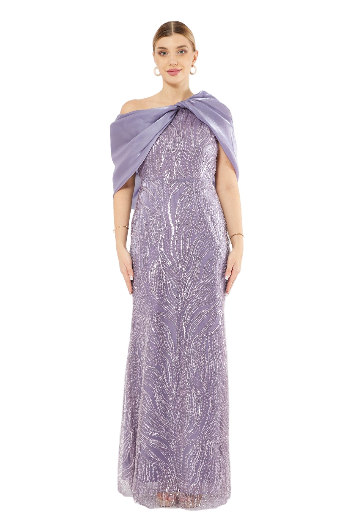 Sequin Embellished Gown with Organza Drape