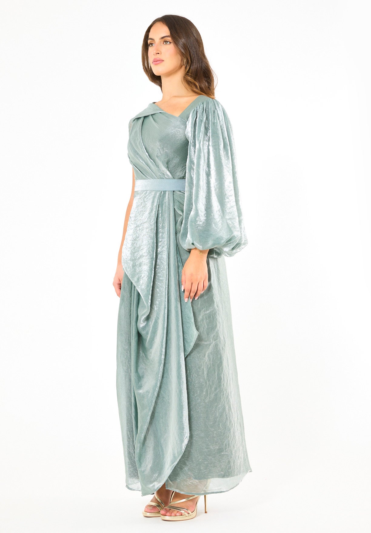 Asymmetric Draped Satin-Finish Evening Gown