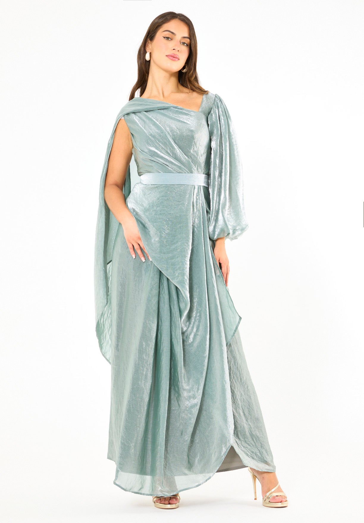 Asymmetric Draped Satin-Finish Evening Gown