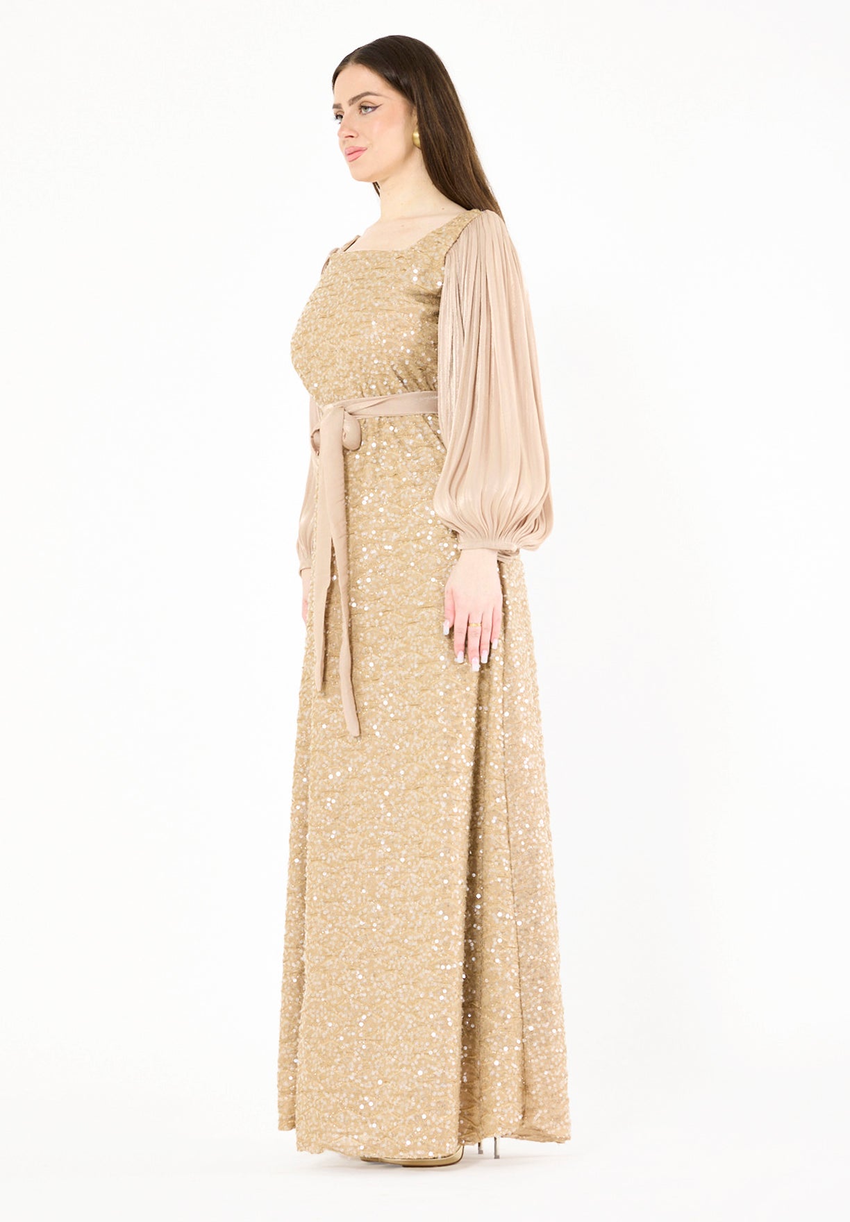 Shimmer Sequin Gown with Pleated Organza Sleeves