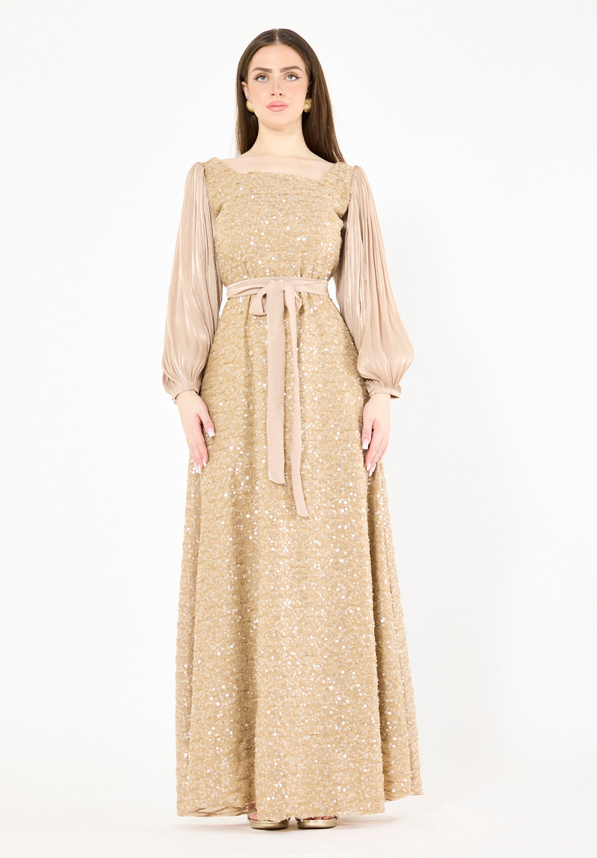 Shimmer Sequin Gown with Pleated Organza Sleeves