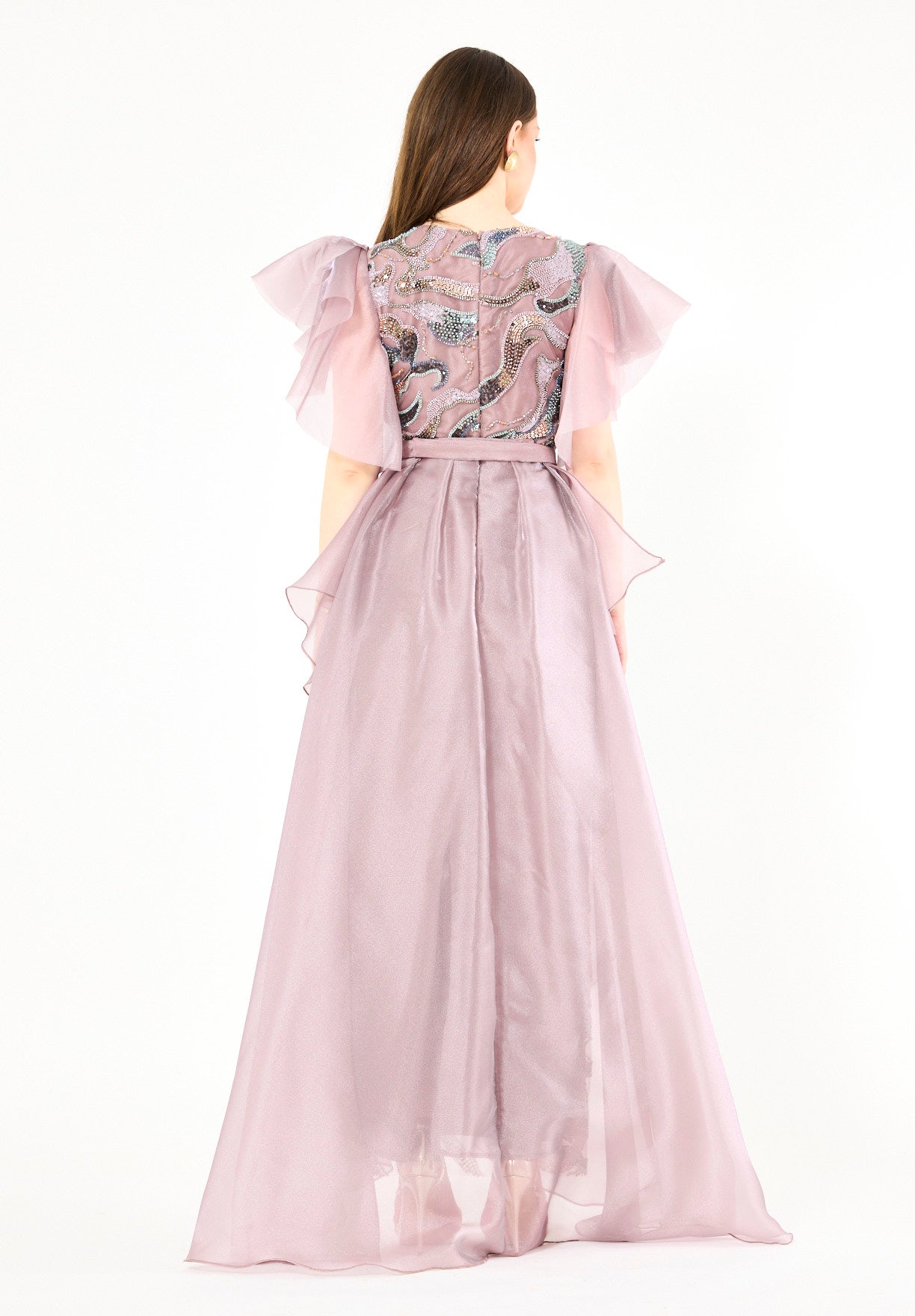 Embellished Tulle Overlay Gown with Layered Sleeves