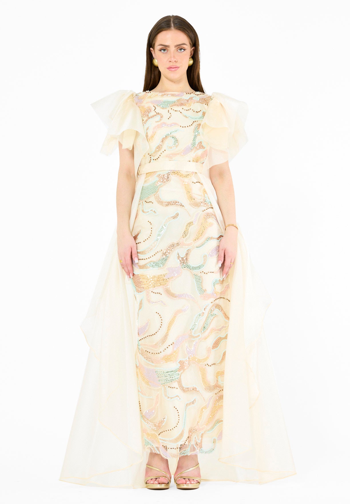 Embellished Tulle Overlay Gown with Layered Sleeves