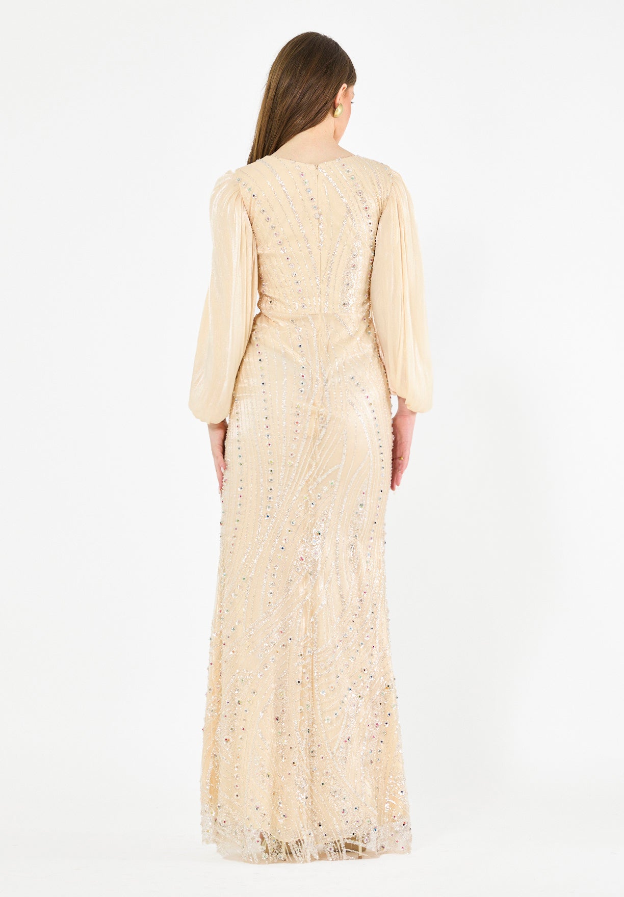 Embellished Fitted Gown with Organza Drape