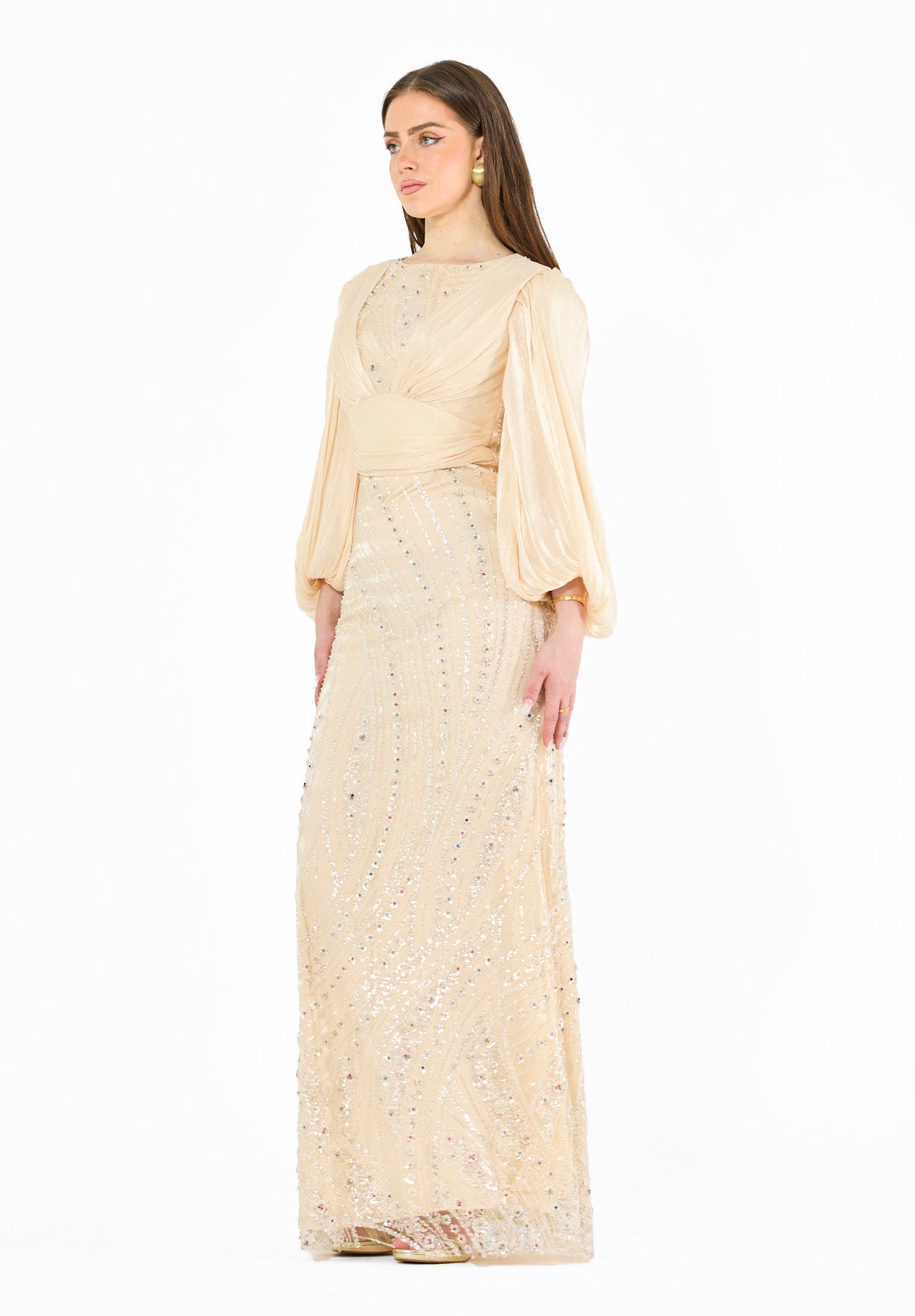 Embellished Fitted Gown with Organza Drape