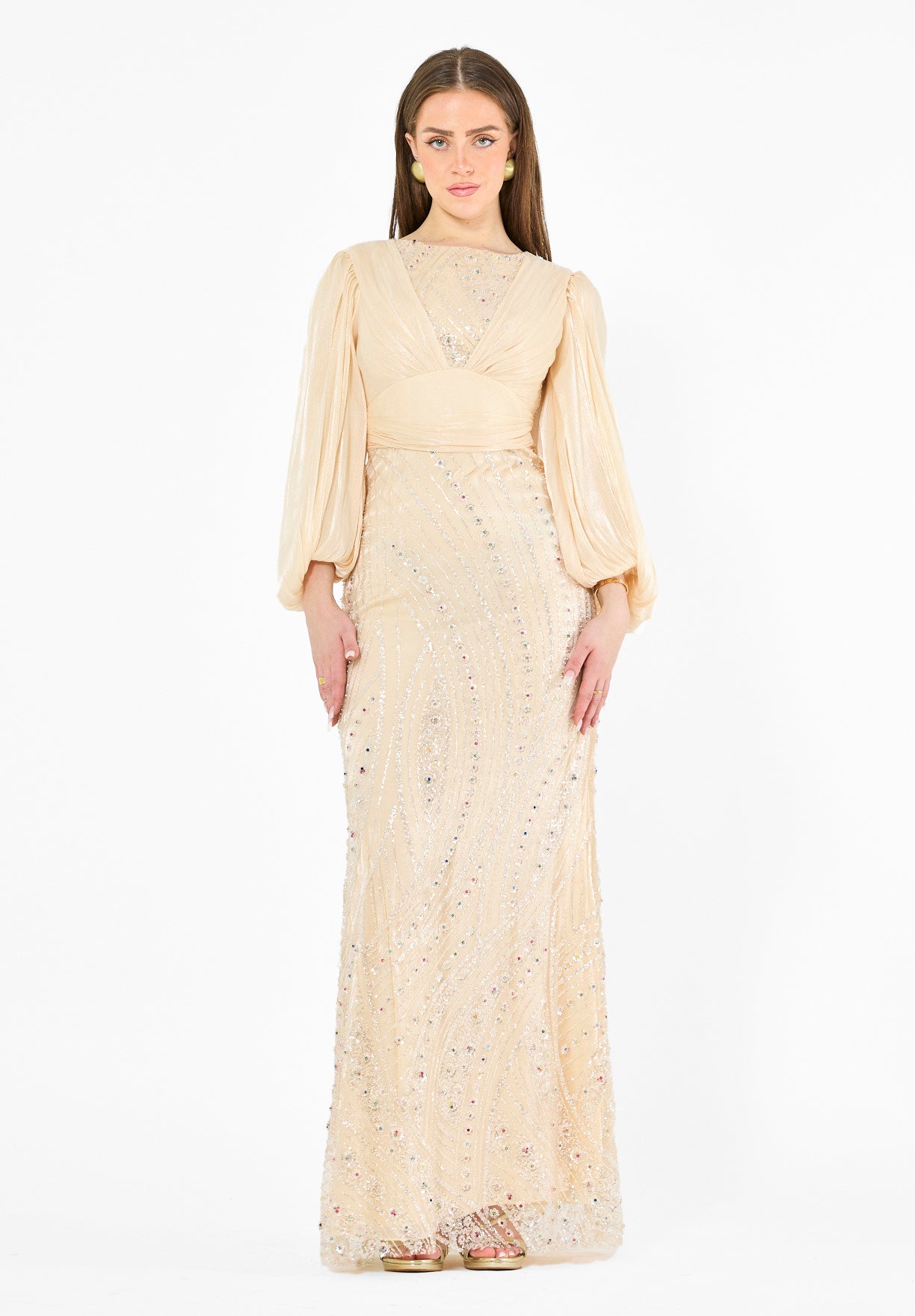 Embellished Fitted Gown with Organza Drape