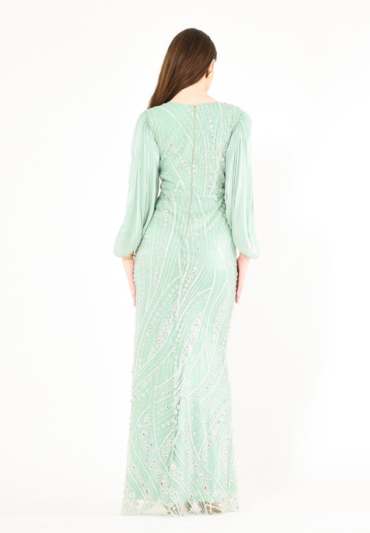Embellished Fitted Gown with Organza Drape