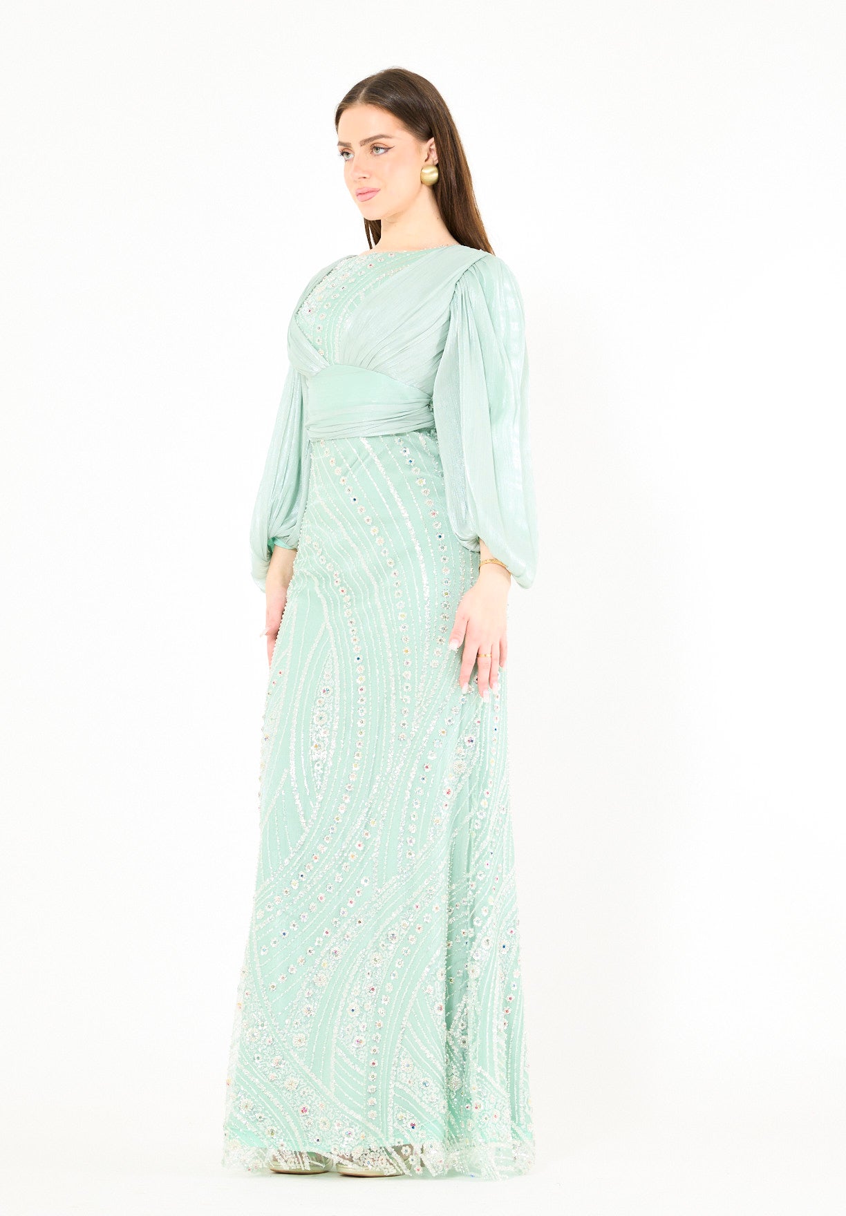 Embellished Fitted Gown with Organza Drape